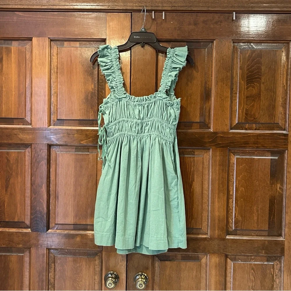 Free People Green Cotton Sundress Women’s Small Ruffle Strap‎ Button Side Boho